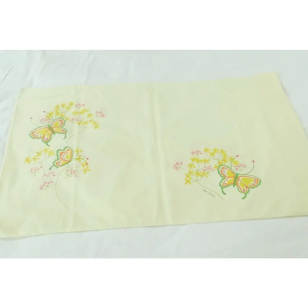 Vintage 70s Queen Sheet‎ Set Yellow Floral Butterflies Marlene Tastemaker Dainty